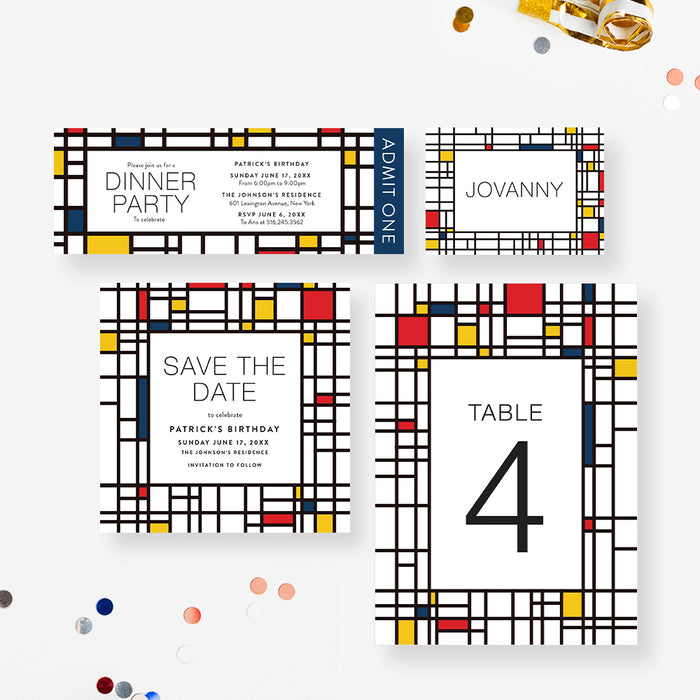 Mondrian Art Birthday Invitation Card, Colorful Invites for Art Gallery Opening, Artistic Invitation for Birthday Celebration