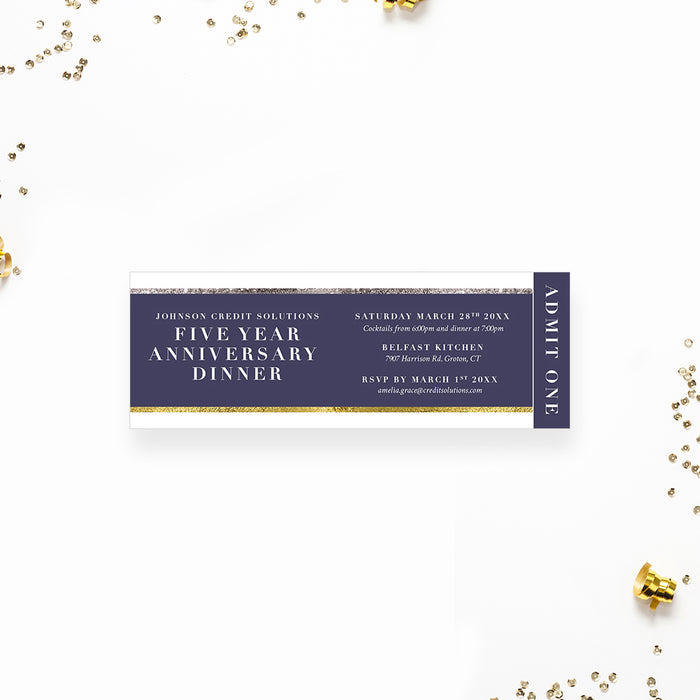 Blue Silver Gold Ticket for Business Anniversary Party, Elegant Ticket Invitation for 5th 10th 15th 20th 25th Corporate Dinner Anniversary Celebration
