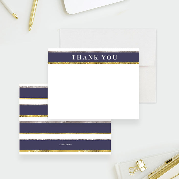 Blue Gold Silver Personalized Note Card, Elegant Business Thank You Cards, Thank you Cards with Company Logo, Small Business Thank you Notes