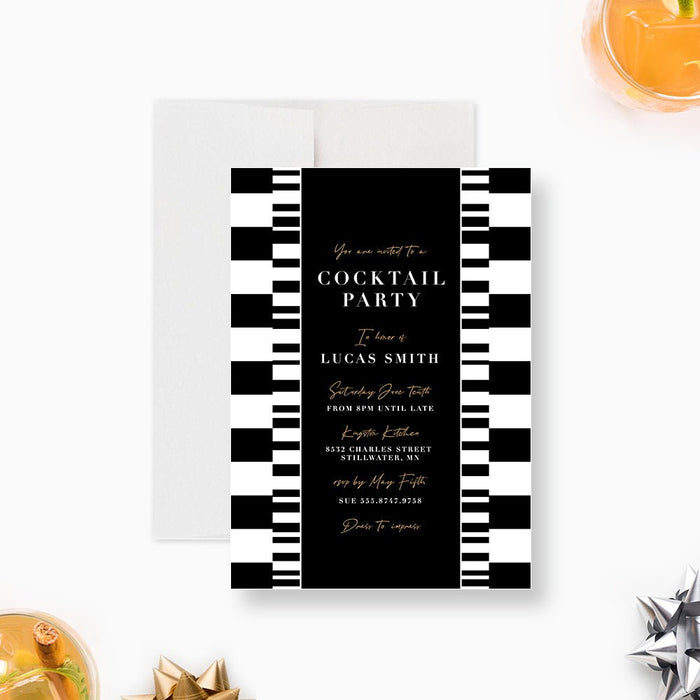 Black and White Cocktail Party Invitation Card, Monochrome Invites for Birthday Party, Abstract Invitation for Happy Hour Party with Geometric Design