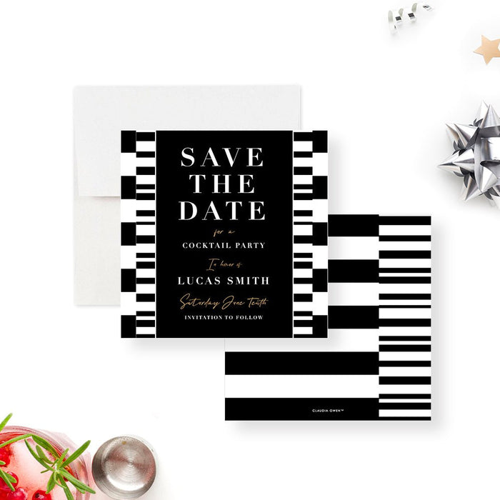 Black and White Cocktail Party Invitation Card, Monochrome Invites for Birthday Party, Abstract Invitation for Happy Hour Party with Geometric Design