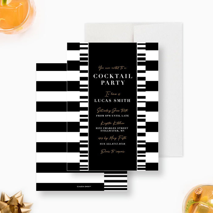 Black and White Cocktail Party Invitation Card, Monochrome Invites for Birthday Party, Abstract Invitation for Happy Hour Party with Geometric Design