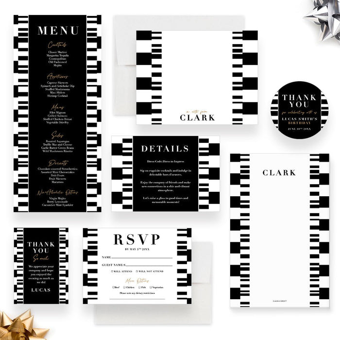 Black and White Cocktail Party Invitation Card, Monochrome Invites for Birthday Party, Abstract Invitation for Happy Hour Party with Geometric Design