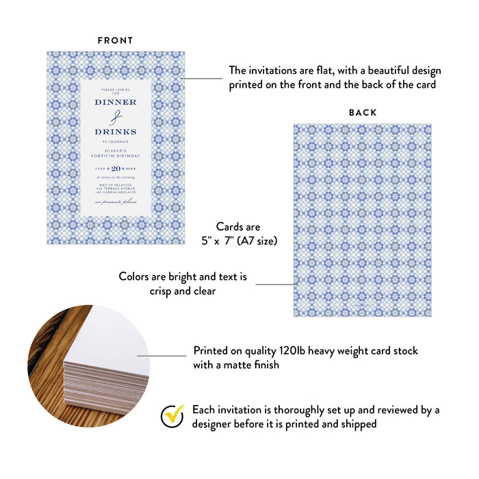 Blue Tile Birthday Party Invitation for Dinner and Drinks