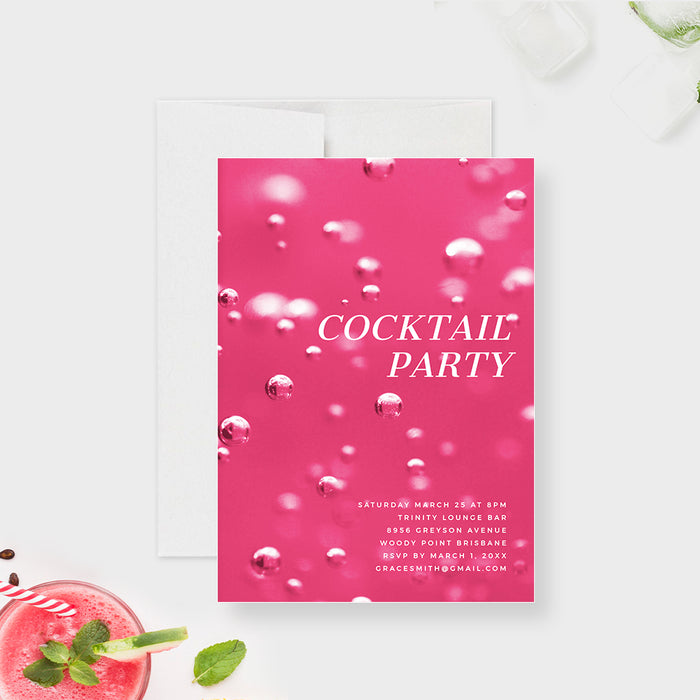 Cocktail Party Invitation Editable Template, Adult Birthday Invites Digital Download, Happy Hour with Pink Cocktail Drink