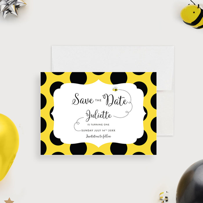 Bumblebee Save the Date Card for Birthday Party, Bee Save the Date Card for Baby’s Birthday with Polka Dots
