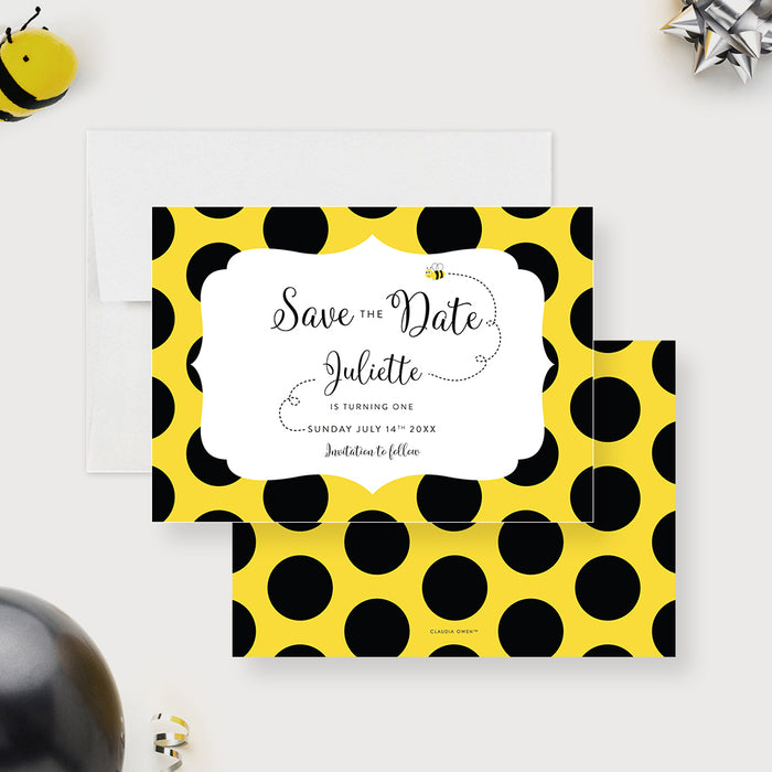 Bumblebee Save the Date Card for Birthday Party, Bee Save the Date Card for Baby’s Birthday with Polka Dots