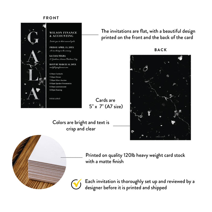 Invitation card with front and back design, size, and material details.