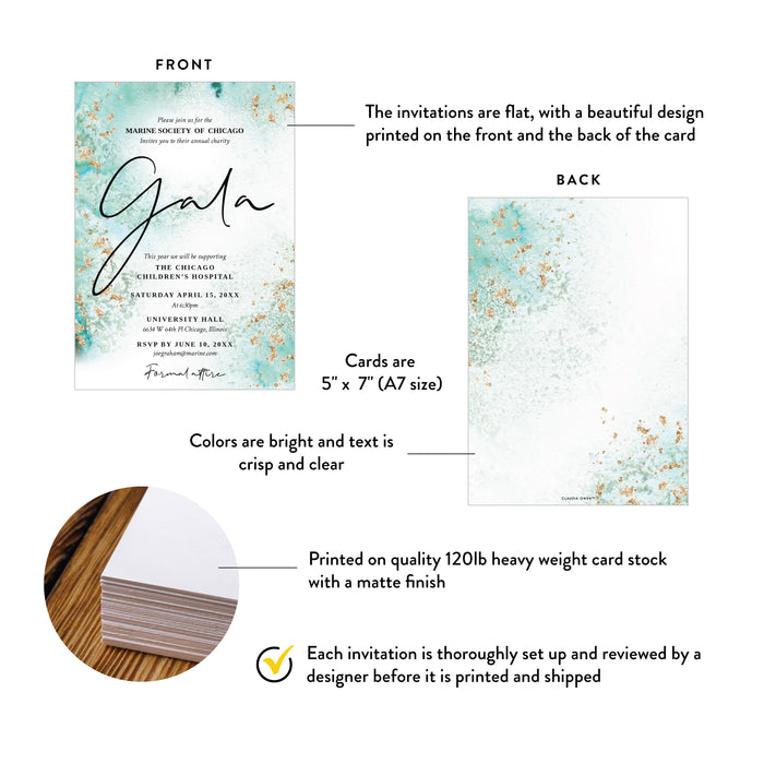 Aqua and Gold Gala Invitation Elegant Charity Fundraiser Card