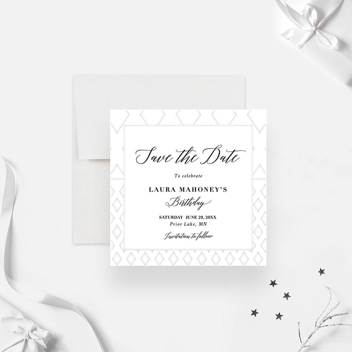 All White Save The Date Card for Adult Birthday Party, Elegant White Themed Birthday Party Save the Date, White Cocktail Party Save the Dates