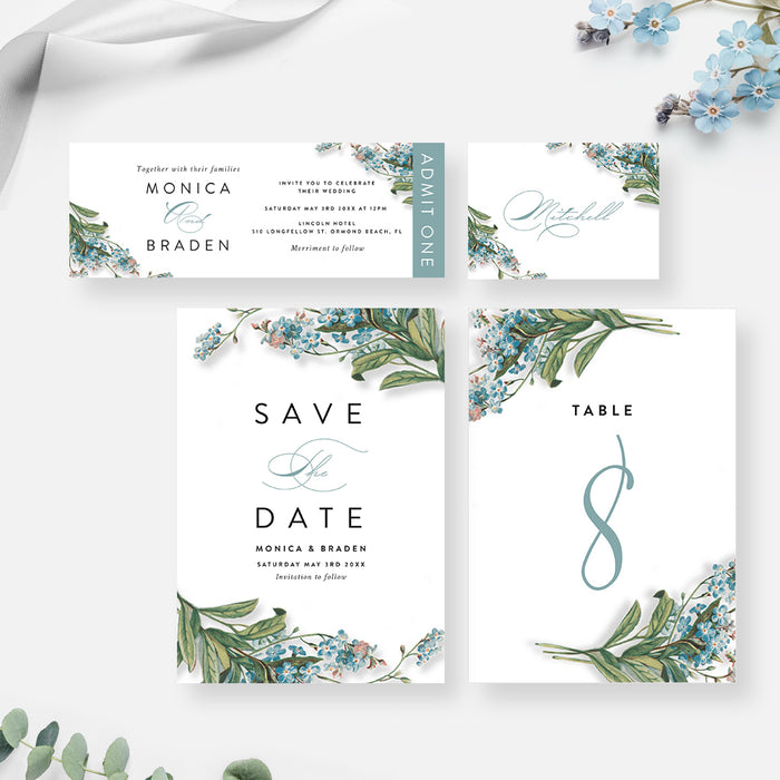 Floral Wedding Invitation Card, Spring Wedding Invites with Forget Me Nots Flower Illustrations, Wedding Shower Invitations with Blue Flowers