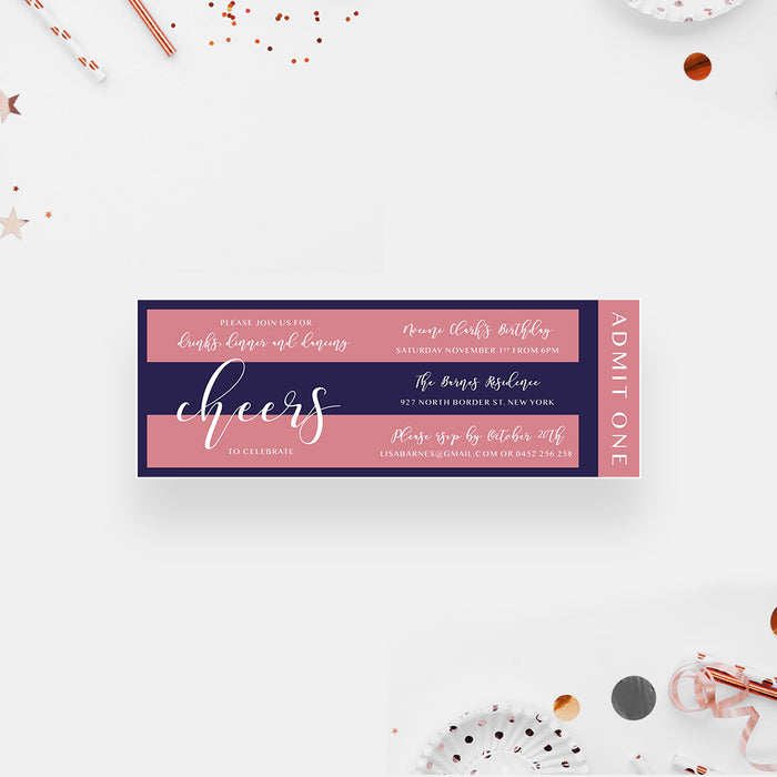 Modern Stripes Ticket Invitation for Drinks Dinner and Dancing Birthday Party, Womens Birthday Bash Ticket Invites, Cocktail Birthday Ticket