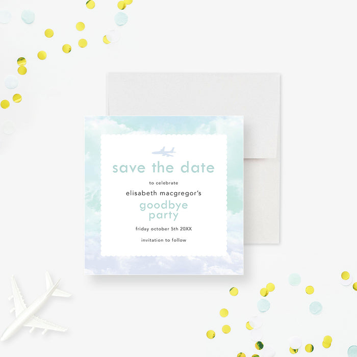 Save the Date for Goodbye Party with Plane and Cloudy Skyes, Next Adventure Farewell Save the Dates, Going Away Save the Date Card