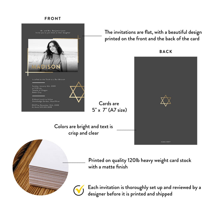 Elegant Black and Gold Bat Mitzvah Invitation Card Showcasing a Star of David and Customized with Your Photo