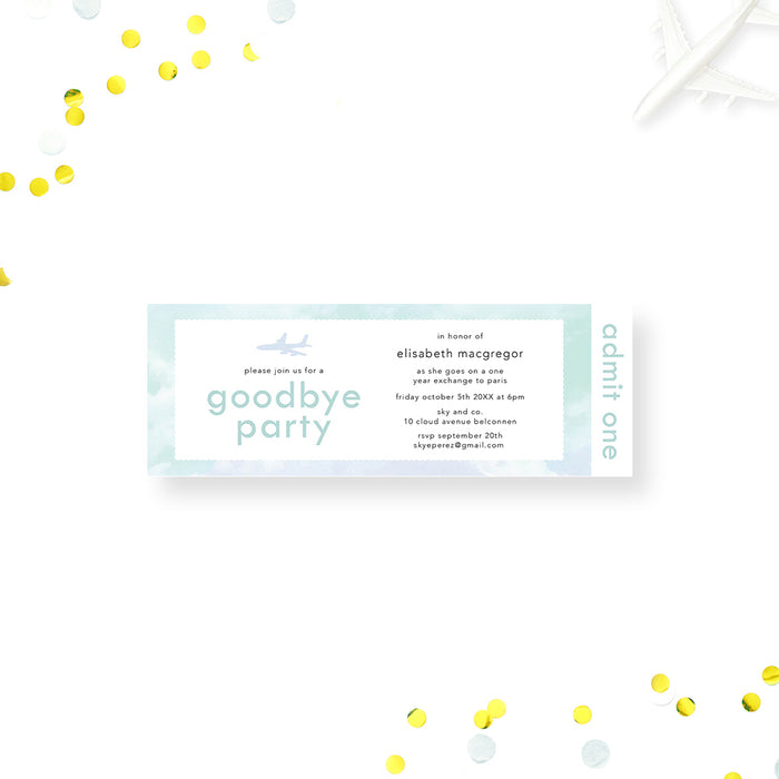 Ticket Invitation for Goodbye Party, Ticket Invites for Going Away Celebration, Goodbye and Goodluck Ticket Card with Flying Airplane and Blue Clouds