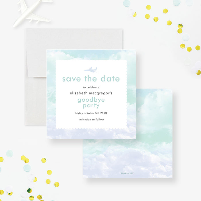 Save the Date for Goodbye Party with Plane and Cloudy Skyes, Next Adventure Farewell Save the Dates, Going Away Save the Date Card