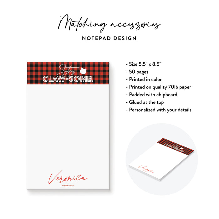 Notepad with plaid design and text, shown with a white background.