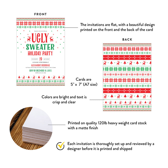 Ugly Sweater Holiday Party invitation with front and back design details on a white background.