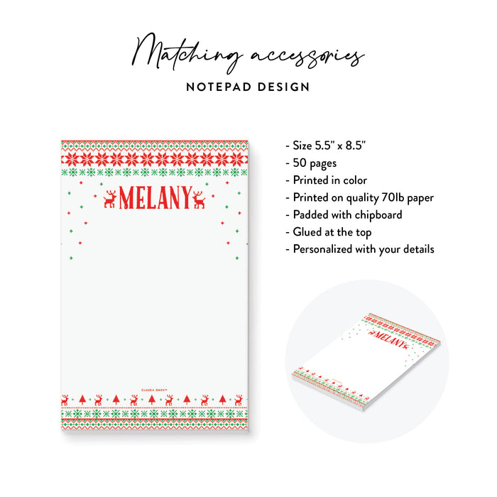Notepad with Christmas design and personalized name on a white background