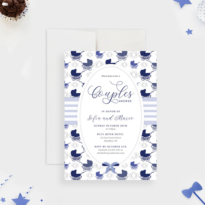 Couples Baby Shower Invitation with Blue Old Fashioned Baby Carriage, Coed Boy Baby Shower Printed Invites with Baby Stroller