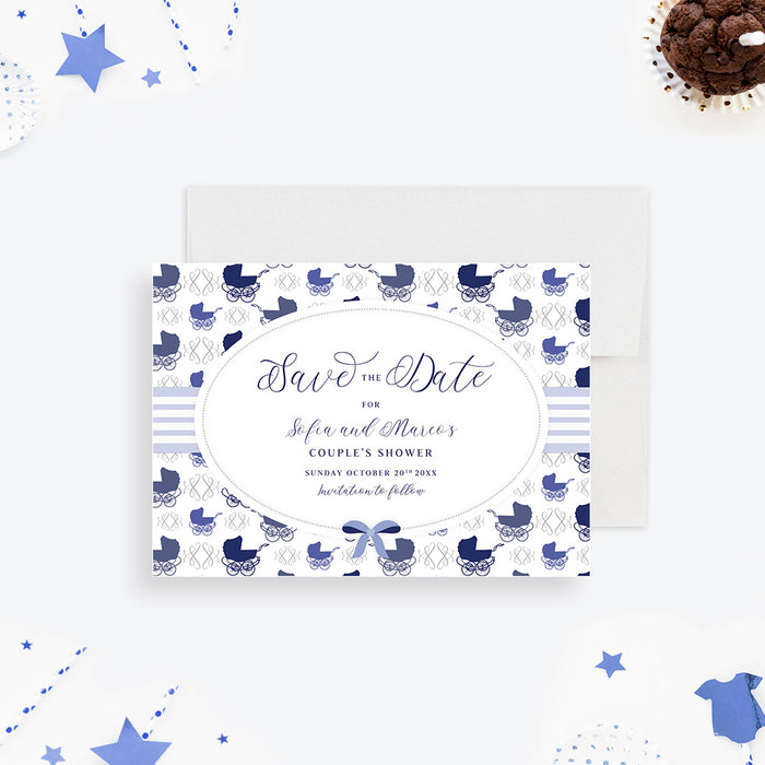 Blue Couple’s Shower Save the Date Card with Old Fashioned Baby Stroller, Save the Date Card with Baby Carriage, Coed Shower Save the Dates, Baby Shower Pre Invitation