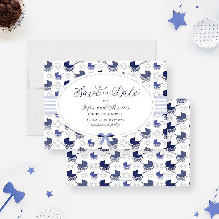 Blue Couple’s Shower Save the Date Card with Old Fashioned Baby Stroller, Save the Date Card with Baby Carriage, Coed Shower Save the Dates, Baby Shower Pre Invitation