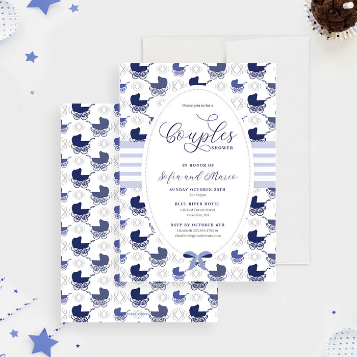 Couples Baby Shower Invitation with Blue Old Fashioned Baby Carriage, Coed Boy Baby Shower Printed Invites with Baby Stroller