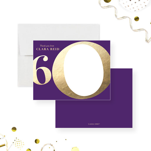 a close up of a purple and gold 60th birthday note card