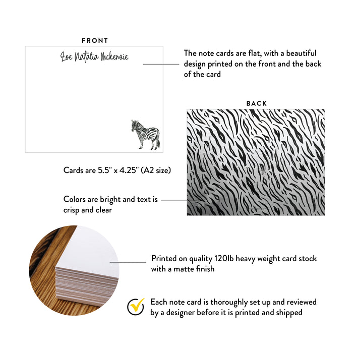 Personalized Zebra Note Card Set, Zoo Animal Stationery for Women and Kids, Custom Zebra Thank You Cards, Wildlife Safari Gifts for Boys