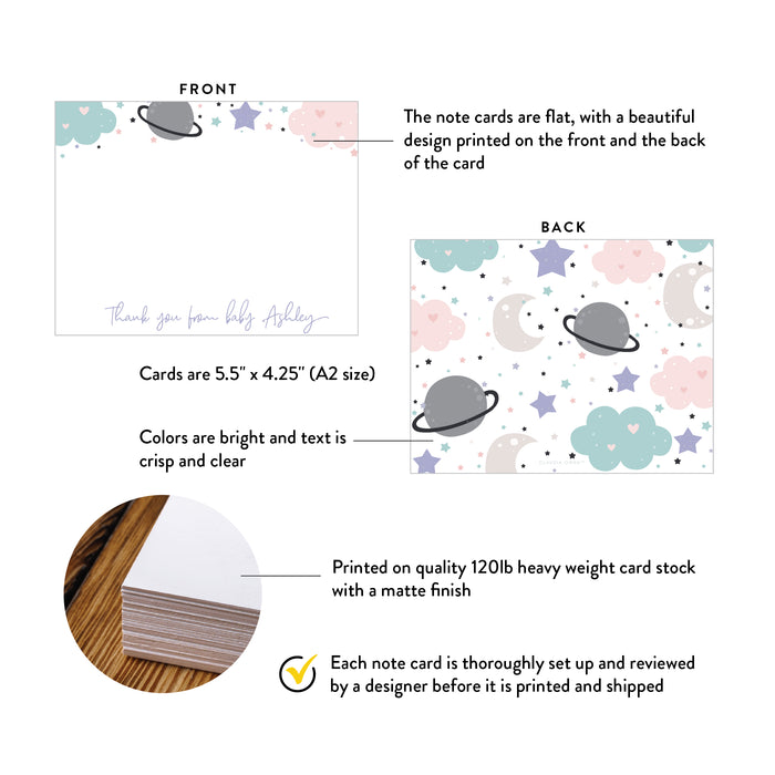 Clouds and Stars Personalized Note Cards, Girls Stationery Set, Baby Shower Thank You Card Moon Planet Saturn, Cards with Envelopes