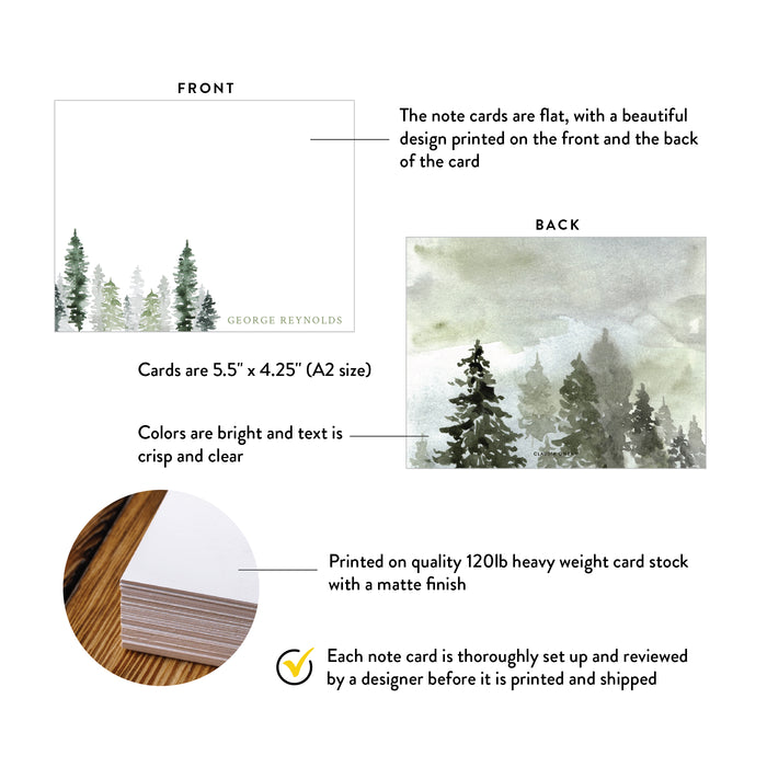 Personalized Watercolor Pine Forest Note Card, Forest Thank You Cards with Envelopes, Custom Pine Tree Thank You Note, Holiday Stationary