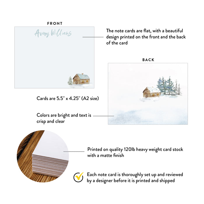 Personalized Christmas Winter Note Card, Watercolor Winter Thank You Cards, Forest Thank You Cards with Envelopes, Winter Log Cabin