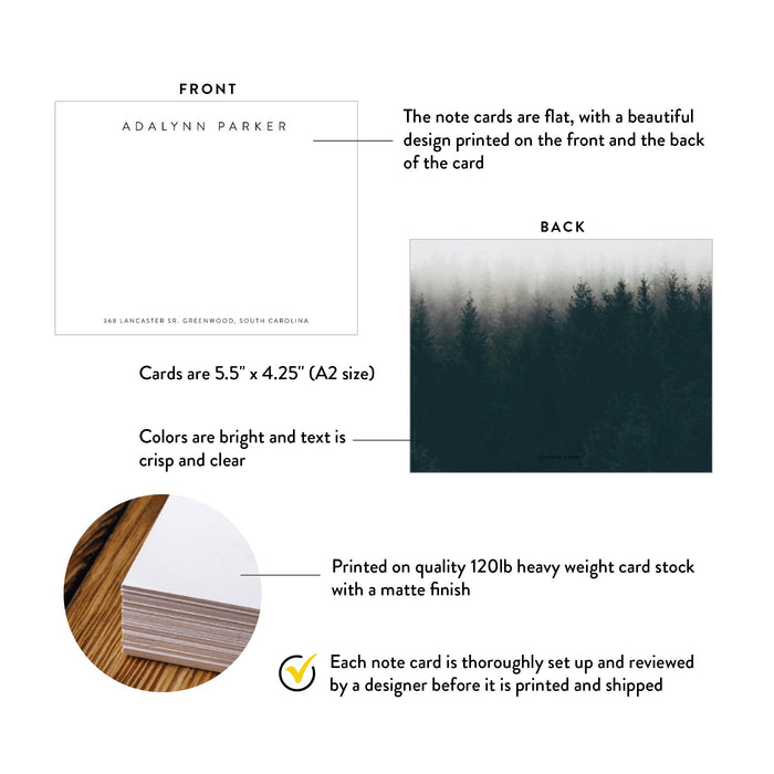Misty Forest Note Cards, Personalized Nature Stationery, Thank You Cards with Trees, Office Desk Stationery Set, Custom Note Card For Men
