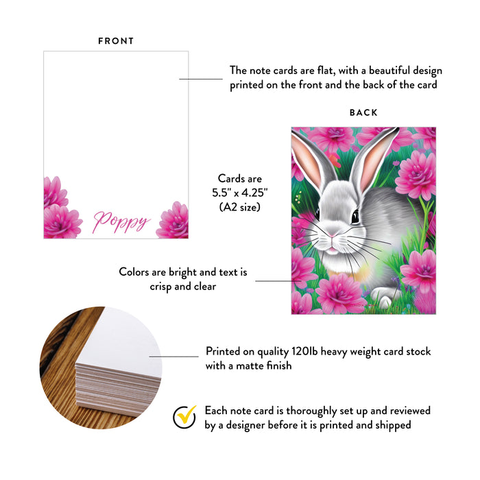 Pink Floral Note Card with Bunny, Cute Rabbit Thank You Cards with Flowers, Spring Floral Stationary Set for Girls, Personalized Easter Bunny Cards, Rabbit Greeting Cards