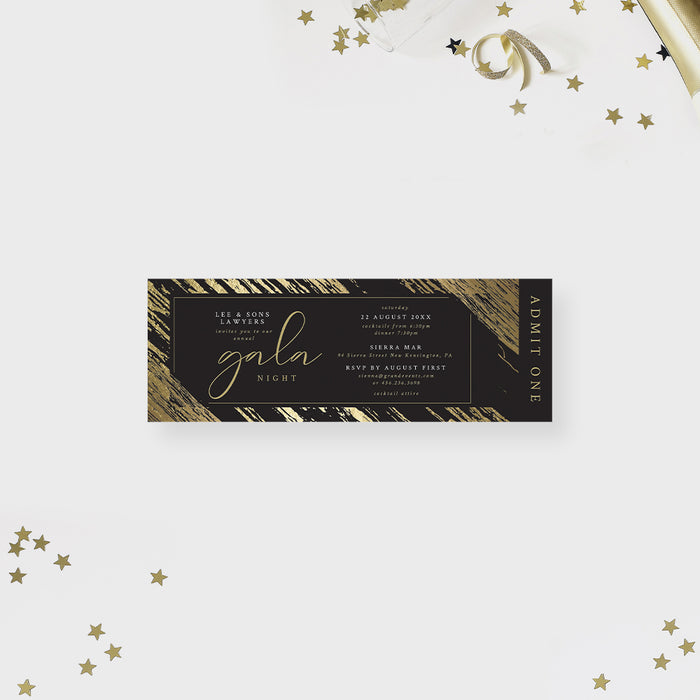 Elegant Ticket Card for Gala Night Party in Gold and Black, Ticket Invites for Company Event, Fundraising Nonprofit Gala Ticket Invitation, Business Corporate Party Ticket