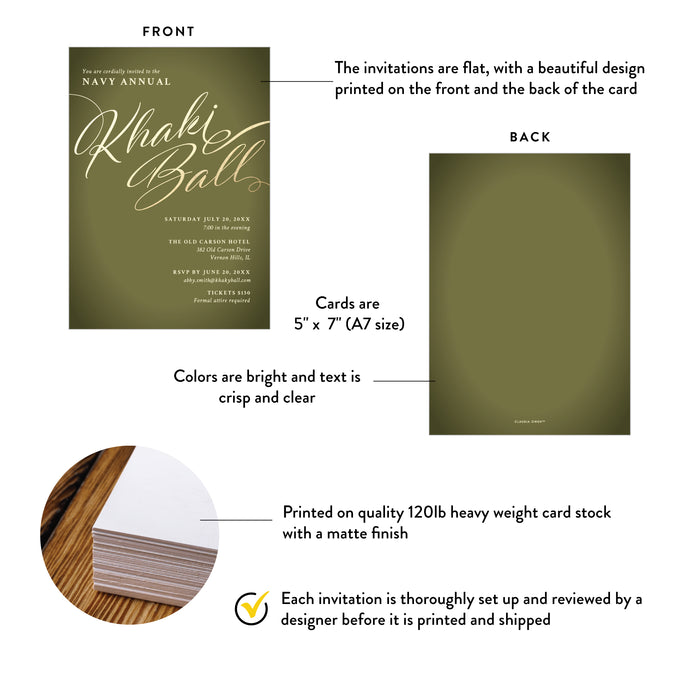 Military Khaki Ball Invitation Card, US Navy Annual Gala Invitations, Khaki Green Army Commissioning Invites