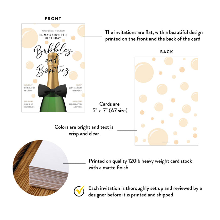 Bubbles and Bowties Birthday Invitation Card with Champagne Bottle, Creative Womens Birthday Invitations, Champagne Birthday Bash Invites