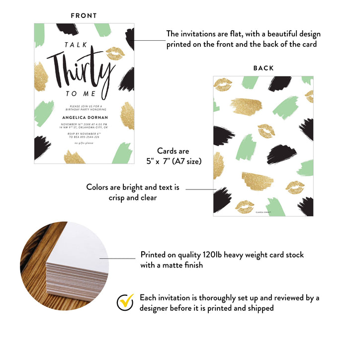 Talk Thirty To Me Invitations in Black Green and Gold, Cheeky Birthday Invitations for Adults, Fun Invites for 30th Birthday Party