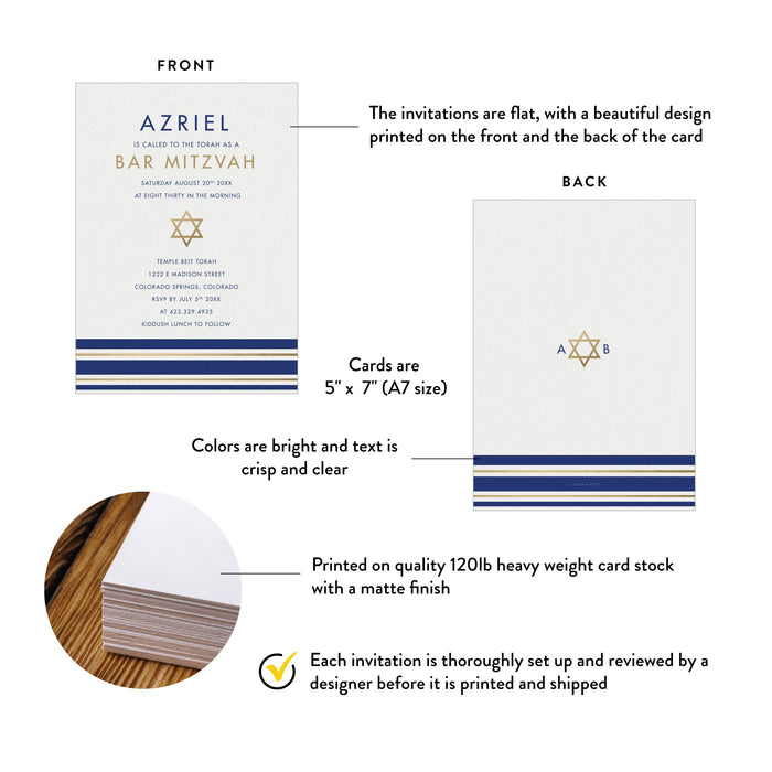 Elegant Bar Mitzvah Invitation Card with Tallit Prayer Shawl Design, Star of David Invitations for Jewish Celebration