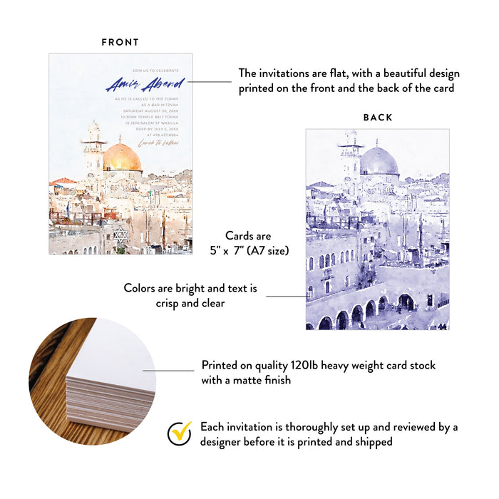 Bar Mitzvah Invitation Card with Watercolor Dome of the Rock Illustration, Personalized Jewish Birthday Invitations, B'nai Mitzvah Invites