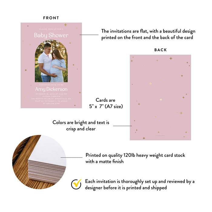 Pink Baby Shower Photo Invitation Card with Golden Sparkles, Maternity Shower Celebration with Mom and Dad Photo, Baby Shower with Couple’s Picture