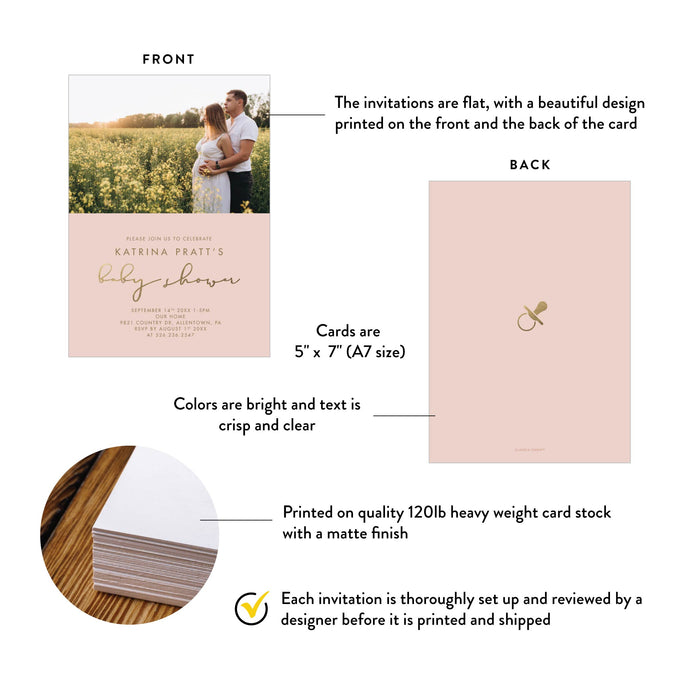 Personalized Baby Shower Invitations with Maternity Photo, Baby Shower Invitations with Pregnancy Photo in Pink and Gold