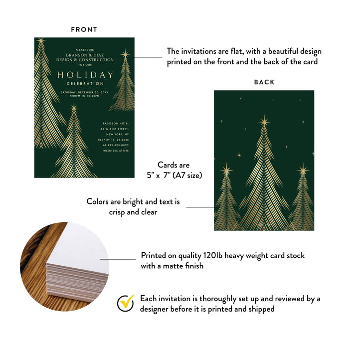 Green and Gold Holiday Party Invitation with Christmas Trees, Company Holiday Invitations, Work Christmas Party Invites