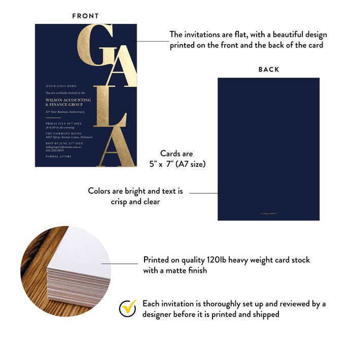 Business Gala Invitation Card in Navy Blue and Bold Gold, Elegant Party Invitations for Corporate Fundraiser, Company Awards Night Invites