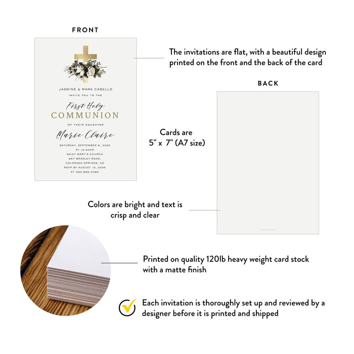 First Holy Communion Invitation Card with Gold Cross and Flowers, Elegant and Religious Baptism Invitations