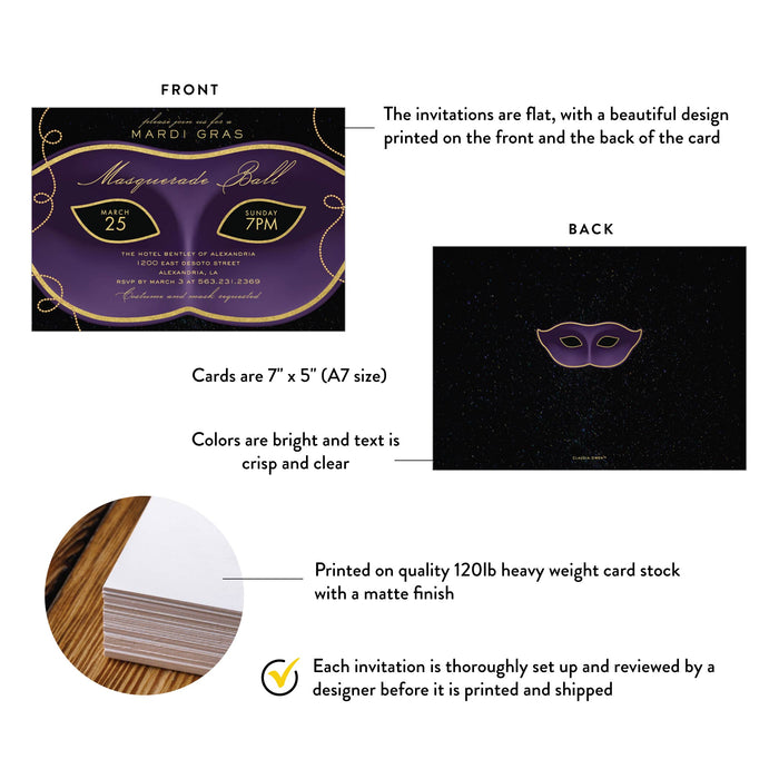 Masquerade Ball Invitation Card, Mardi Gras Invite Cards, Personalized Elegant Masquerade Party Invites with Mask Illustration