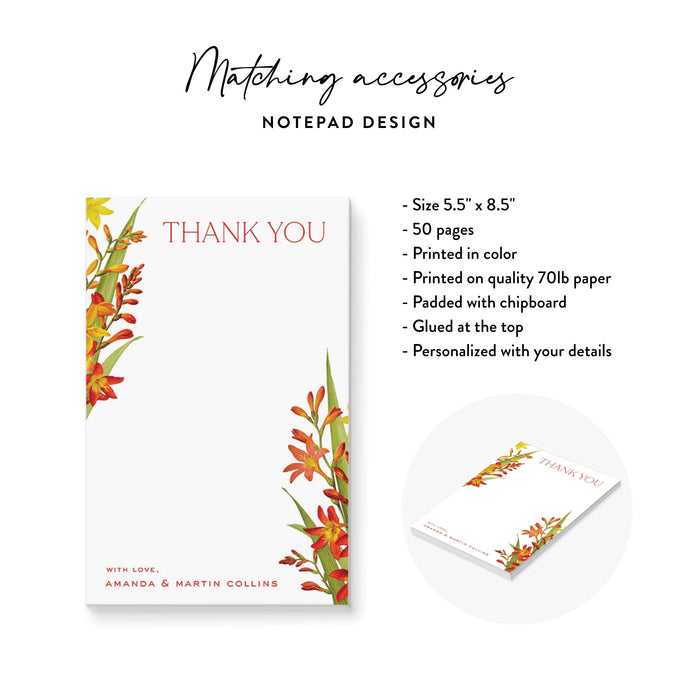 Floral Wedding Invitation Card with Lily Flower Illustrations, Flowery Summer Wedding Invites with Lilies on Rich Red Background Color