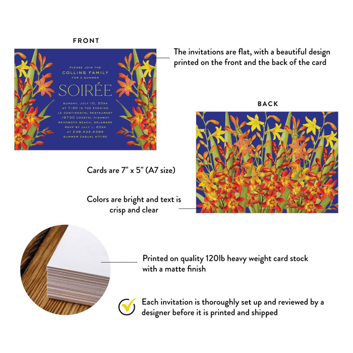 Floral Summer Soiree Invitation Card with Lily Flower Illustrations and Royal Blue Background, Spring Garden Party Invitations