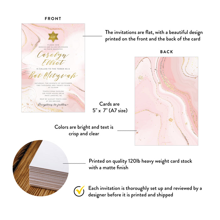 Elegant Bat Mitzvah Invitation Card in Soft Pink and Gold, Girls Jewish Birthday Invitations in Watercolor Design