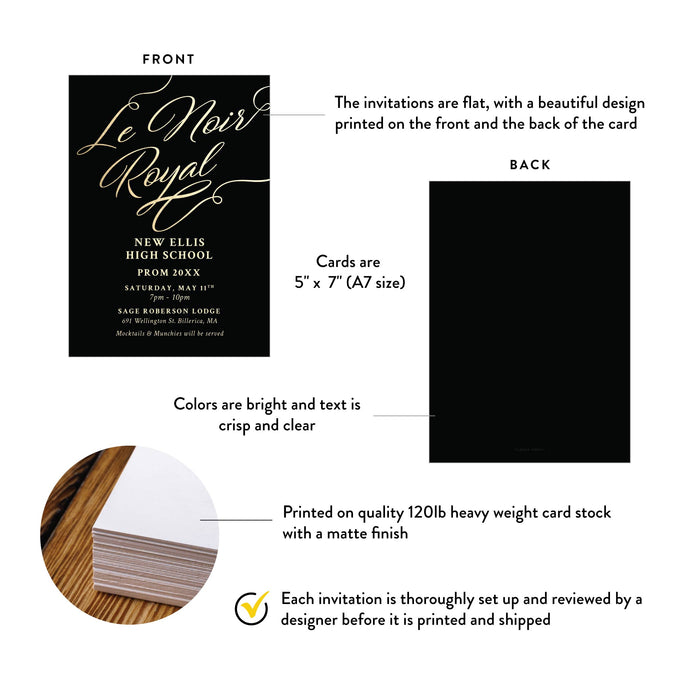 Le Noir Royal High School Prom Invitation Card in Black and Gold, Elegant Prom Night Invitations